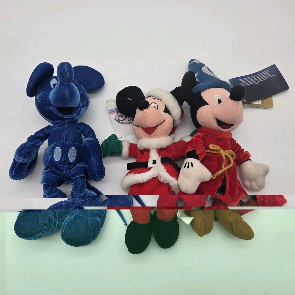 Disney Store Mickey Mouse Plush Lot 3 Fantasia Cobalt Blue Santa Christmas